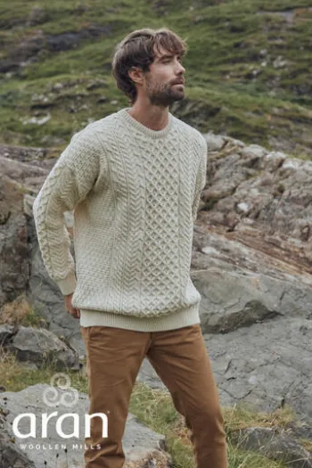 ARAN Rundhals Pullover beige Merinowolle
