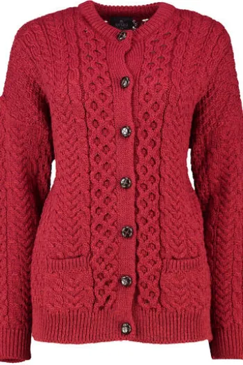 ARAN Strickjacke rot im typischen Aran Strick aus Merinowolle