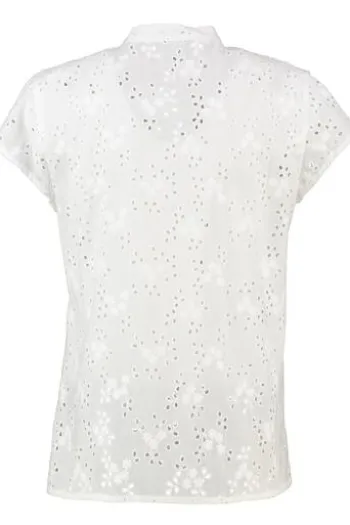 BERWIN Bluse weiß Kurzarm mit allover Lochstickerei und Stehlkragen