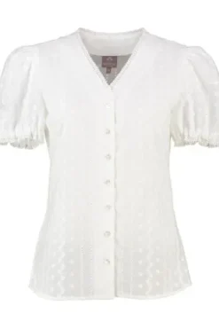 BERWIN Bluse weiß Kurzarm mit allover Lochstickerei und V-Ausschnitt