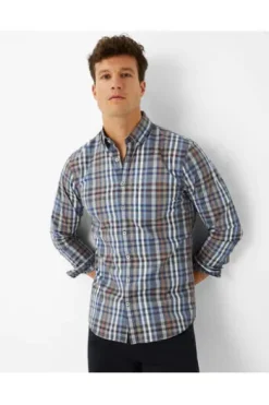 BRAX Hemd Daniel blau/braun kariert Modern Fit Langarm Button-Down