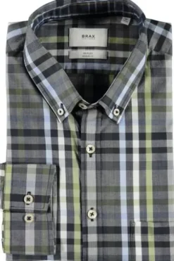 BRAX Hemd Daniel blau/grün kariert Modern Fit Langarm Button-Down