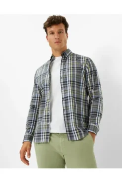 BRAX Hemd Daniel blau/grün kariert Modern Fit Langarm Button-Down