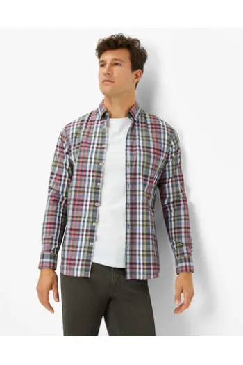 BRAX Hemd Daniel blau/rot kariert Modern Fit Langarm Button-Down