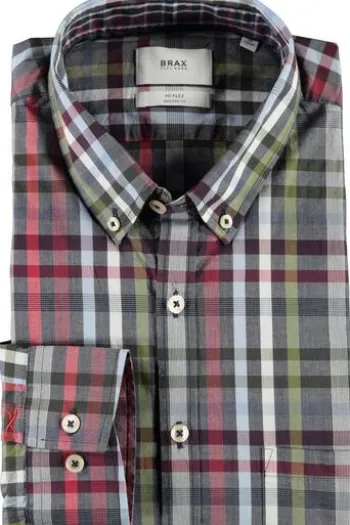 BRAX Hemd Daniel blau/rot kariert Modern Fit Langarm Button-Down