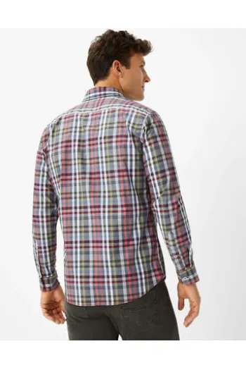 BRAX Hemd Daniel blau/rot kariert Modern Fit Langarm Button-Down