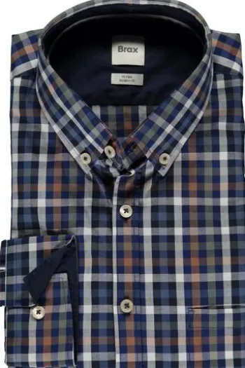 BRAX Hemd Daniel marine kariert Modern Fit Langarm Button-Down
