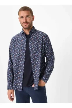 BRAX Hemd Harold P navy gemustert Modern Fit Langarm