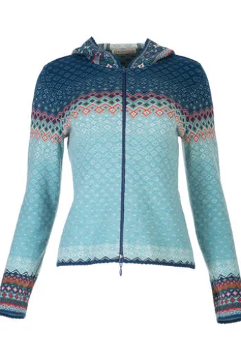 DUNQUE Jacquard-Strickjacke Petrol-natur-bunt gemustert mit Kapuze