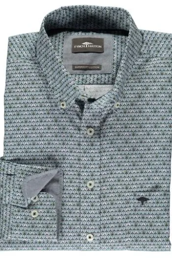 FYNCH HATTON Hemd blau/grün gemustert Regular Fit Langarm Button-Down