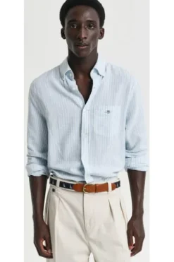 GANT REG Leinen Hemd fresh blue gestreift Regular Fit Langarm