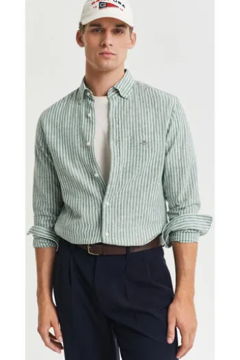 GANT REG Leinen Hemd woody green gestreift Regular Fit Langarm