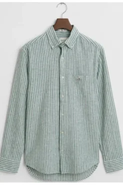 GANT REG Leinen Hemd woody green gestreift Regular Fit Langarm