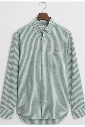 GANT REG Leinen Hemd woody green gestreift Regular Fit Langarm