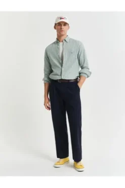 GANT REG Leinen Hemd woody green gestreift Regular Fit Langarm