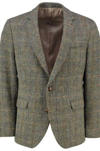 GEBR. WEIS Harris Tweed Sakko oliv kariert mit Lederpatches