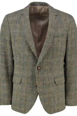 GEBR. WEIS Harris Tweed Sakko oliv kariert mit Lederpatches