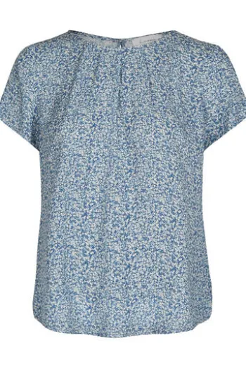 h.moser Bluse Grins blau geblümt mit edlen Falten am Ausschnitt