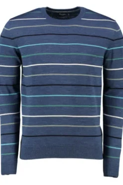 MAERZ Rundhals Pullover Blau gestreift extra feine Merinowolle