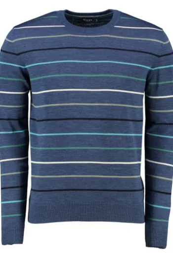 MAERZ Rundhals Pullover Blau gestreift extra feine Merinowolle