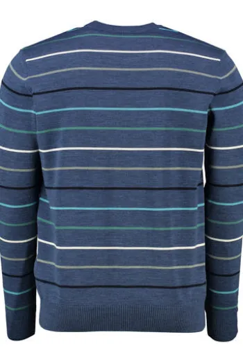 MAERZ Rundhals Pullover Blau gestreift extra feine Merinowolle