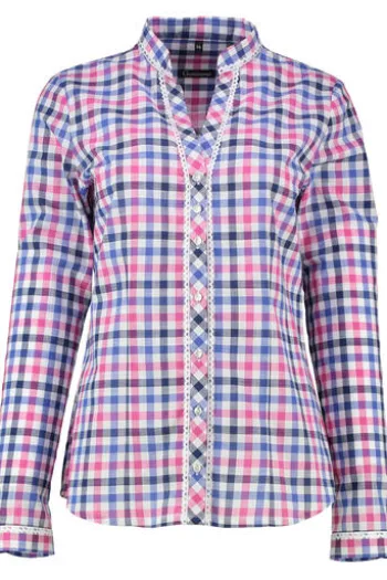 OS TRACHTEN Bluse pink kariert langarm mit Spitzenborte
