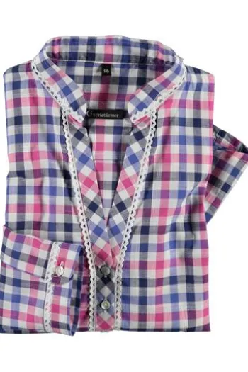 OS TRACHTEN Bluse pink kariert langarm mit Spitzenborte