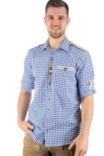 OS TRACHTEN Hemd blau kariert Regular Fit Langarm mit Stickerei