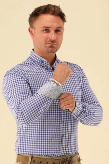OS TRACHTEN Hemd blau kariert Slim Fit Langarm Stehkragen