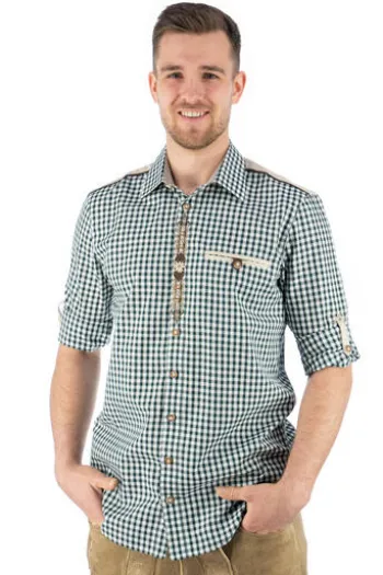 OS TRACHTEN Hemd grün kariert Regular Fit Langarm mit Stickerei