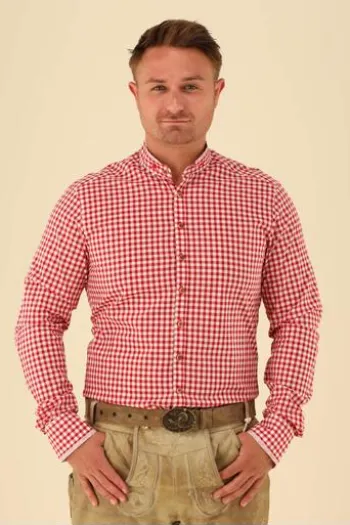 OS TRACHTEN Hemd rot kariert Slim Fit Langarm Stehkragen