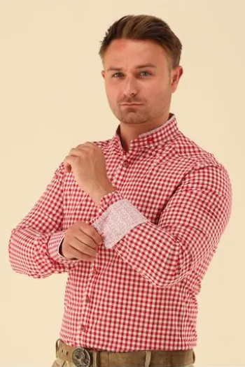 OS TRACHTEN Hemd rot kariert Slim Fit Langarm Stehkragen