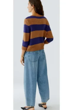 OUI Pullover EMSY camel/blue gestreift 3/4-Arm
