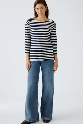 OUI Shirt black/offwhite gestreift 3/4-Arm
