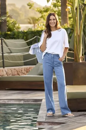 RAPHAELA BY BRAX Jeans Laura Flared bleached hellblau gestreift Slim Fit mit Magic-Dehnbund