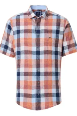 REDMOND Leinen Hemd orange kariert Regular Fit Kurzarm