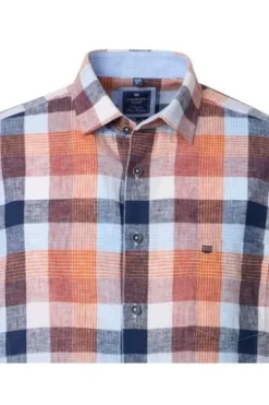 REDMOND Leinen Hemd orange kariert Regular Fit Kurzarm